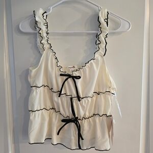 Sugarkiss Off White Ruffled Top with Black Trim